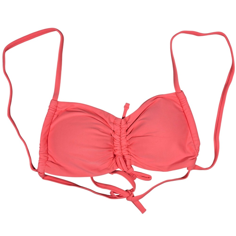 Aerie Bandeau‎ Bikini Top Coral Pink Ruched Tie Front Adjustable Straps Size S